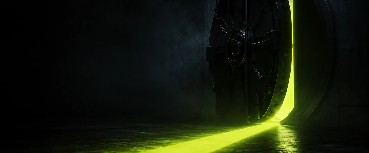 A dark vault door ajar with a blade of volt-green light cutting across the floor